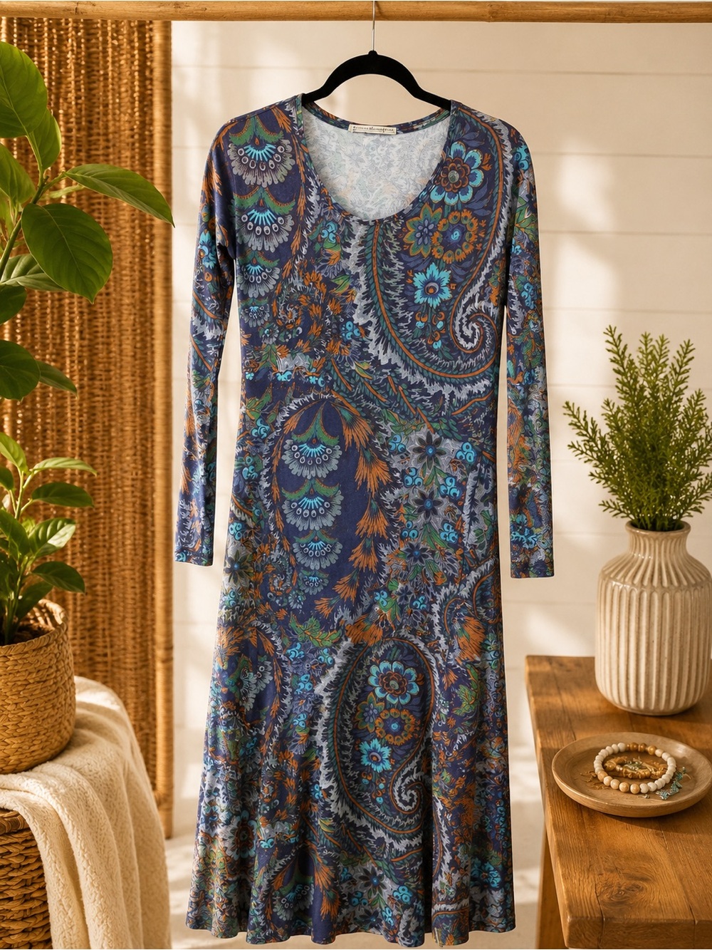 Peruvian Connection XS Paisley Pima Modal Long Sleeve Maxi Dress Boho